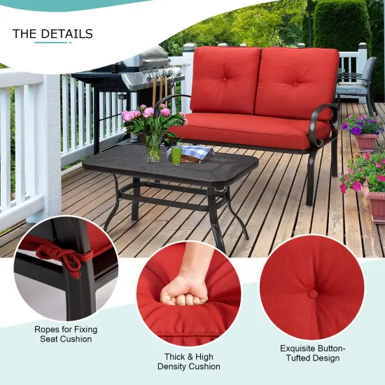 2 Pieces Patio Outdoor Cushioned Coffee Table Seat Red {5}