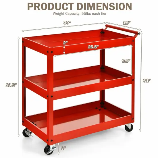3-Tier Utility Cart Metal Mental Storage Service Trolley Red {5}