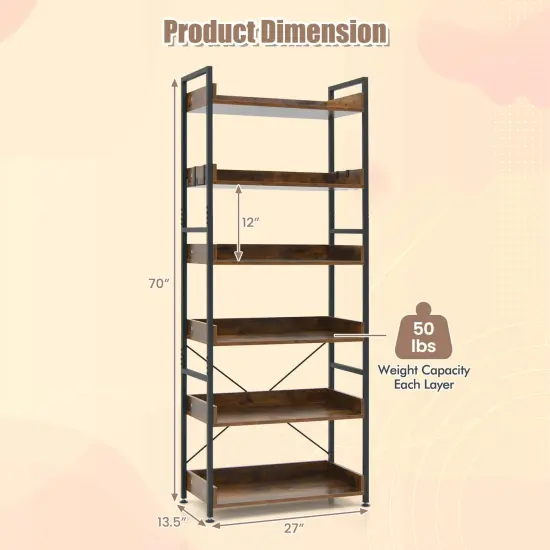 Costway 2 PCS 6-Tier Bookshelf Open Display Shelves Storage Rack Metal Frame with 4 Hooks {3}