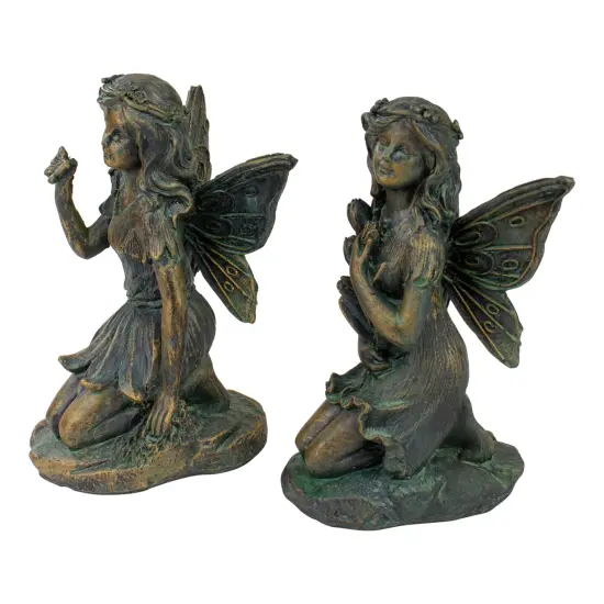 Northlight Set of 2 Bronze Kneeling Fairies With Flowers and a Butterfly Outdoor Garden Statues - 7" {6}