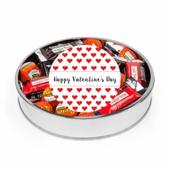 Valentine's Day Sugar Free Candy Gift Tin Large Plastic Tin with Sticker and Hershey's Chocolate & Reese's Mix - Hearts {1}