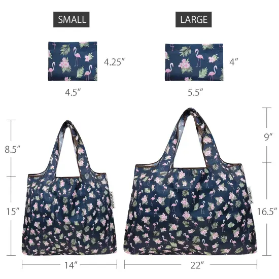 Wrapables Large & Small Foldable Tote Nylon Reusable Grocery Bags, Set of 2 Flamingoes & Floral {2}