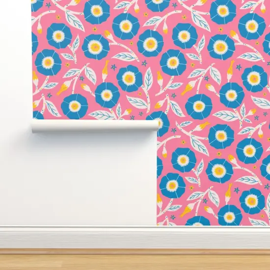 Pre-Pasted Wallpaper 2FT Wide Pink Floral Bright Flowers Nature Vibrant Meadow Spring Summer Garden Kitsch Folk Scandi Large Scale Custom Pre-pasted Wallpaper by Spoonflower {2}