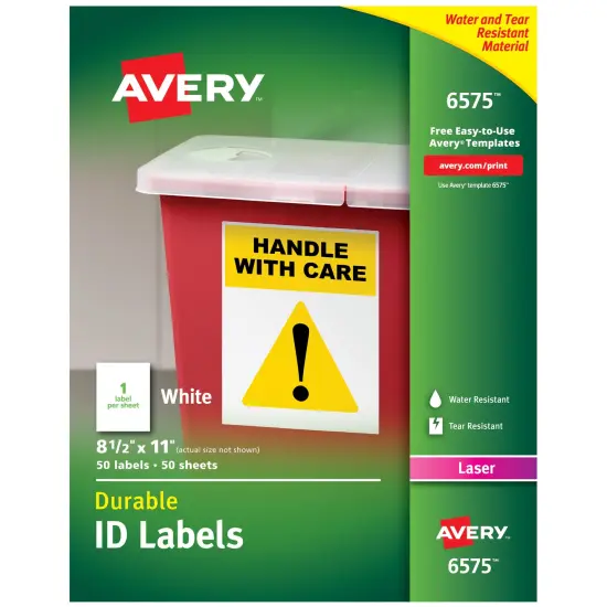 Avery Durable ID Labels, Permanent Adhesive, 8-1/2" x 11", Matte White, 50 Labels (6575) {1}