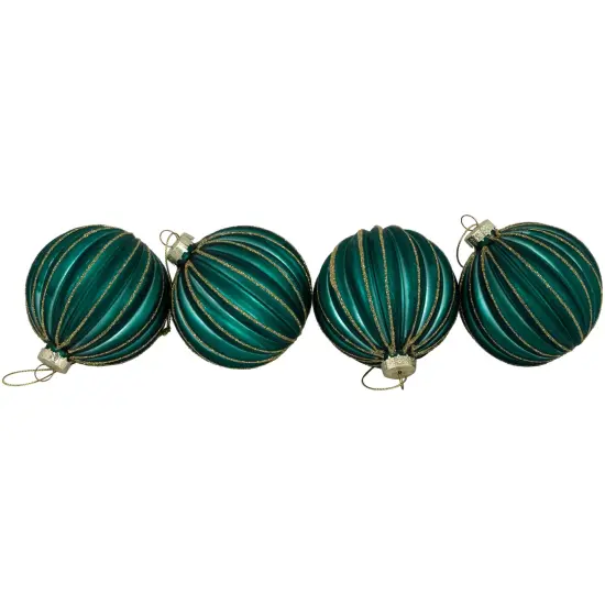 Northlight Glittered Ribbed Glass Christmas Ball Ornaments - 3" (75mm) - Green and Gold - 4ct {4}
