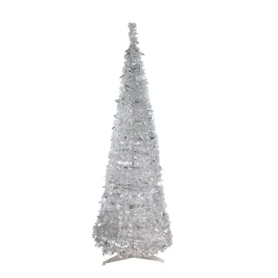 Northlight 6' Pre-Lit Silver Tinsel Pop-Up Artificial Christmas Tree - Clear Lights {1}