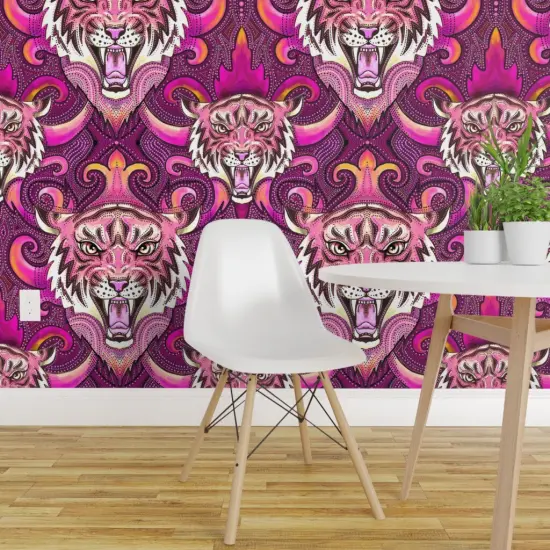 Peel & Stick Wallpaper 2FT Wide Pink Tigers Purple Orange Maximalist Xl Jungle Custom Removable Wallpaper by Spoonflower {1}