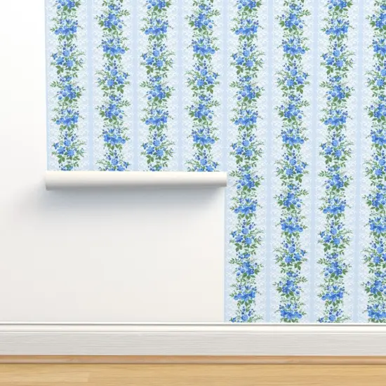 Peel & Stick Wallpaper 2FT Wide Farmhouse Floral Shabby Chic Blue Cottage Core Romantic Vertical Stripe Small Scale Custom Removable Wallpaper by Spoonflower {2}