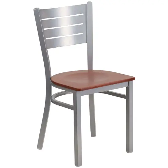 Emma and Oliver Silver Slat Back Metal Restaurant Dining Chair BlackVinyl/Silver {6}