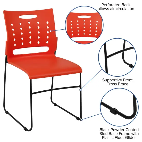 Emma and Oliver Home Office Plastic Accent Sled Base Stack Chair - Air-Vent Back Orange {2}