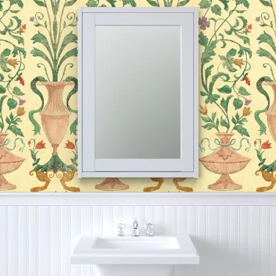 Pre-Pasted Wallpaper 2FT Wide Yellow Floral Wallpaper Home Decor Large Scale Italian Renaissance Terra Cotta Italy Villa Frescoes Vase Custom Pre-pasted Wallpaper by Spoonflower {6}