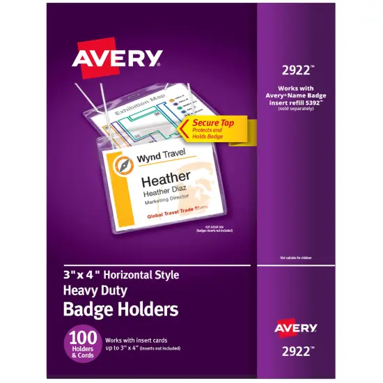 Avery Heavy Duty Badge Holders, 3" x 4", 100 Horizontal ID Badge Holders with Cords (2922) Clear {1}
