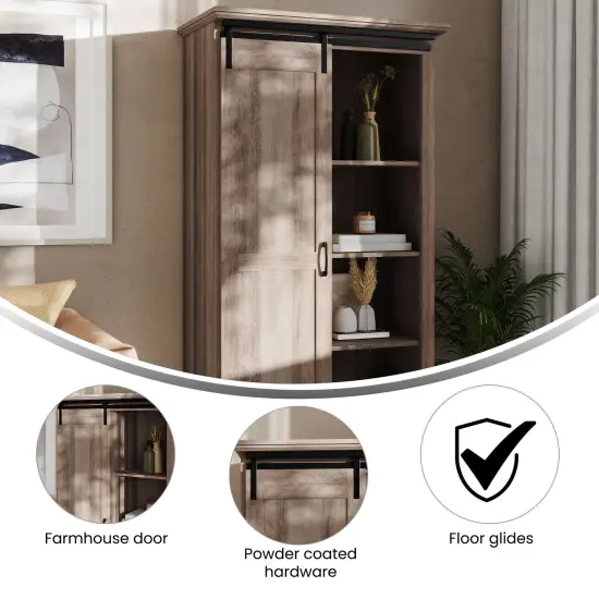 Merrick Lane Finnoula Farmhouse Storage Cabinet, Semi-Open Storage with Sliding Barn Door Graywash {2}