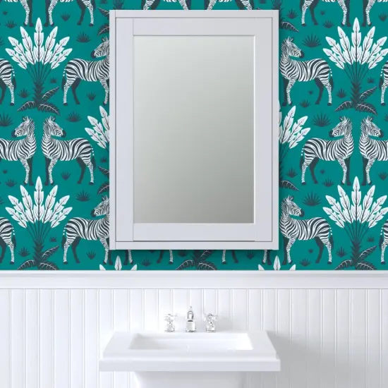 Pre-Pasted Wallpaper 2FT Wide Teal Nature Animal Zebra Africa Wildlife Savanna Large Scale Safari Feathers Damask Grassland Custom Pre-pasted Wallpaper by Spoonflower {6}