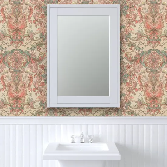 Peel & Stick Wallpaper 2FT Wide Pink Florla Teal Wallpaper Angels Italian Coral Baroque Ancient Acanthus Rococo Rosette Large Scale Custom Removable Wallpaper by Spoonflower {6}
