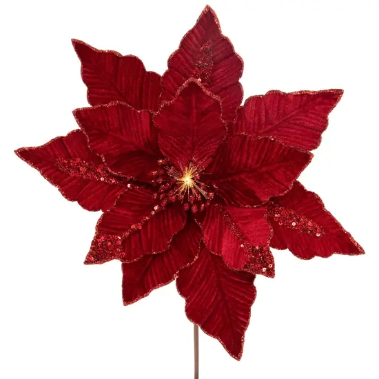 Northlight 20" Lighted Red Velvet Poinsettia Christmas Stem Spray {4}