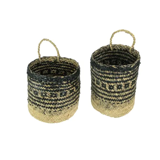 Set of 2 Geometric Pattern Hand-Woven Seagrass Round Baskets Bohemian Decor {1}