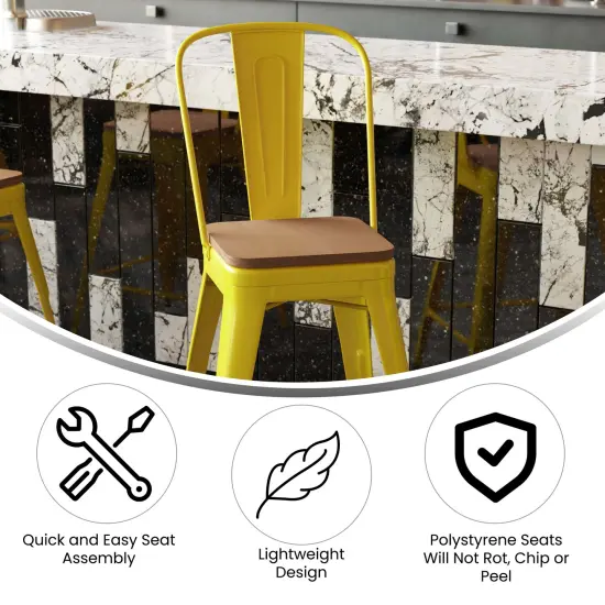 Emma and Oliver Kam Metal Indoor-Outdoor Stool with Removable Back and All-Weather Polystyrene Seat Yellow/Teak {2}