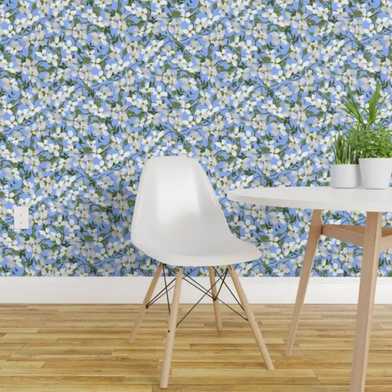 Peel & Stick Wallpaper 2FT Wide Floral Botanical Tree Blue Flowers Branches Blossoms Sky Spring Dogwood Blooms Custom Removable Wallpaper by Spoonflower {1}