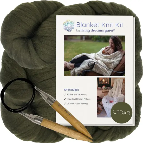 DIY Merino Wool Blanket Knitting Kit: Soft and Thick #7 Weight Jumbo Yarn, Knitting Needles and Pattern. Soft, Cozy, Great for Gifts Cedar {1}