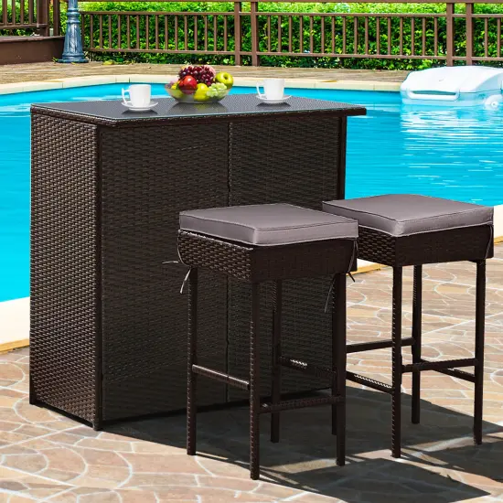 Costway Patio 3PCS Rattan Bar Table Stool Set Cushioned Chairs withCover {1}