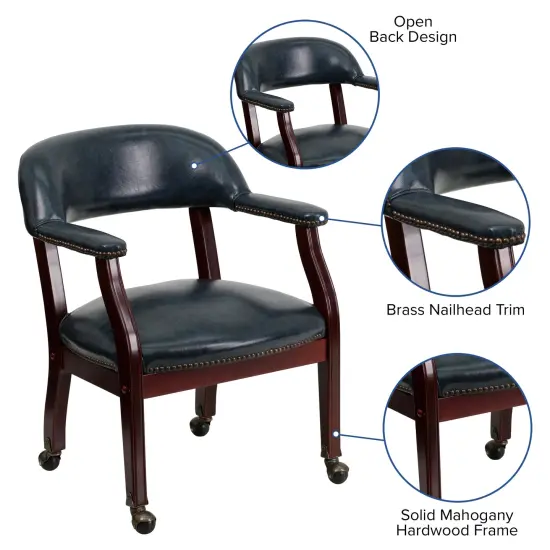 Emma and Oliver Conference Chair with Accent Nail Trimand Casters Navy Vinyl {2}