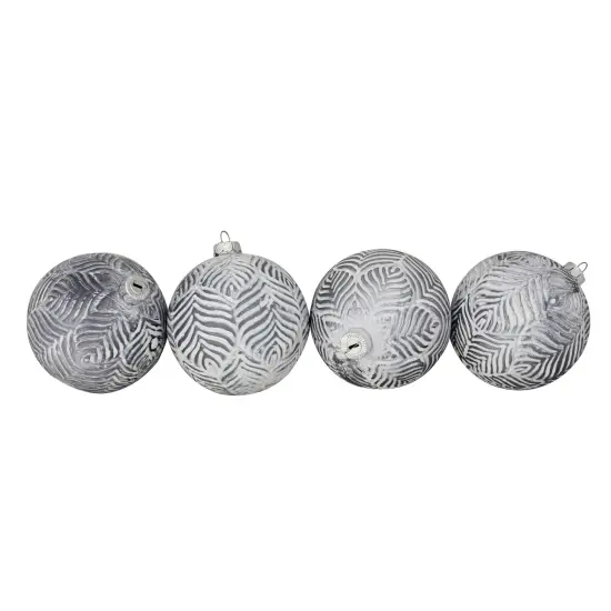 Northlight Embossed Leaves Glass Christmas Ball Ornaments - 4" (100mm) - Gray - 4ct {1}