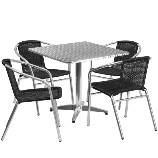 Emma and Oliver 31.5" Square Aluminum Garden Patio Table Set with 4 Rattan Chairs Black {1}