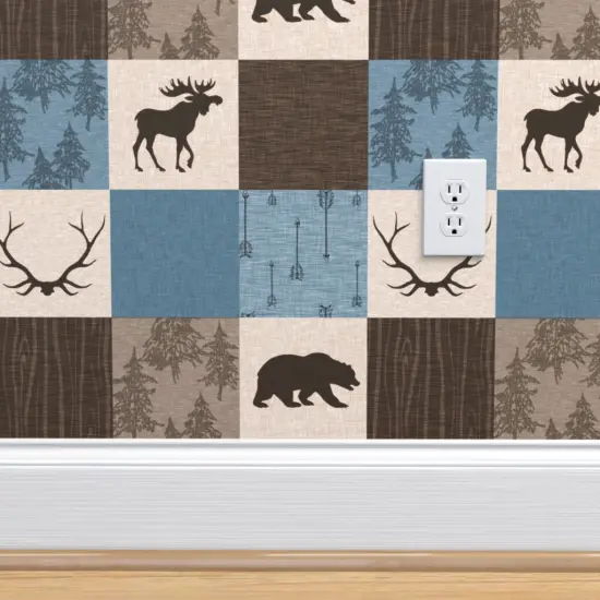 Pre-Pasted Wallpaper 2FT Wide Brown Woodland Bears Patchwork Moose Antlers Wildlife Cabincore Tree Arrows Cheater Quilt Nature Cabin Custom Pre-pasted Wallpaper by Spoonflower {4}