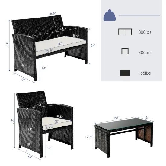 4 Pcs Patio Rattan Cushioned Furniture Set White {4}