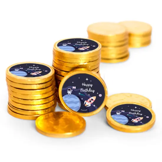 84 Pcs Space Galaxy Kid's Birthday Candy Party Favors Chocolate Coins with Gold Foil {1}