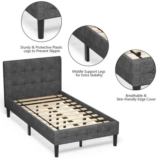Costway Twin Upholstered Bed Frame Button Tufted Headboard Mattress Foundation {5}