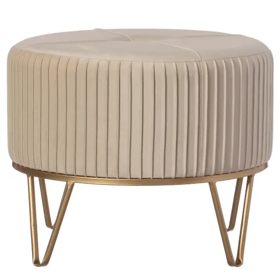 Round Velvet Ottoman Stool Raised with Hairpin Gold Base Cream Medium {1}