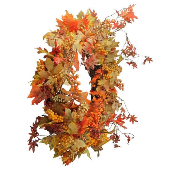 Northlight Gold Berries and Autumn Leaves Fall Harvest Artificial Twig Wreath - 22" - Unlit Orange {6}