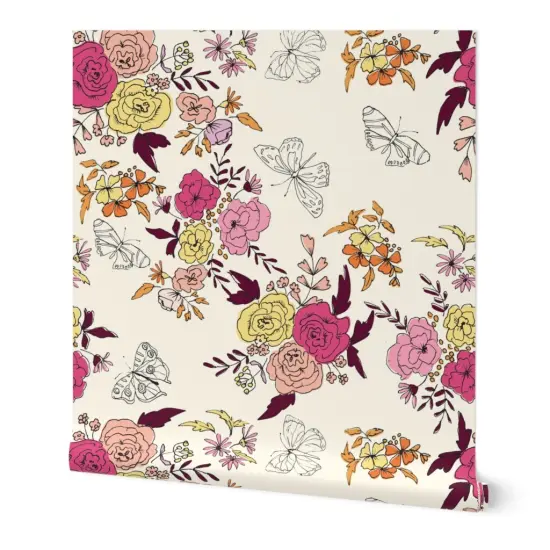 Peel & Stick Wallpaper 2FT Wide Pink Cream Yellow Butterflies Floral Orange Rose Daisy Crimson Sketchbook Hand Drawn Large Scale Botanical Kitsch Custom Removable Wallpaper by Spoonflower {7}