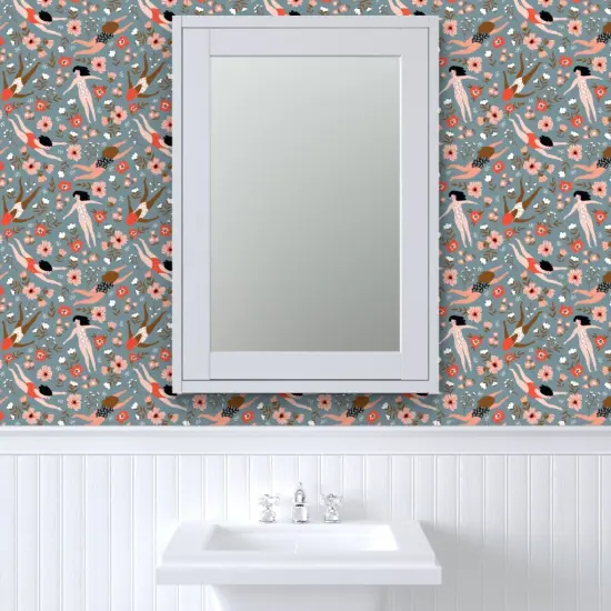 Pre-Pasted Wallpaper 2FT Wide Ditsy Floral Whimsical Swim Beach Lake Summer Feminine Small Scale Blue Red Custom Pre-pasted Wallpaper by Spoonflower {6}