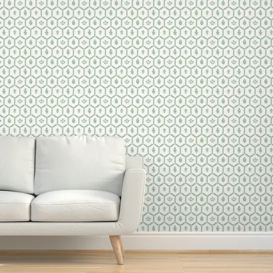 Pre-Pasted Wallpaper 2FT Wide Farmhouse Chic Cottagecore Green Botanical Clover Leaves Vine Thistle Hexagons Custom Pre-pasted Wallpaper by Spoonflower {5}