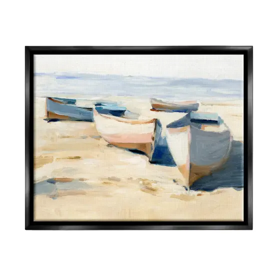 Stupell Industries Boats on Beach Painting Framed Floater Canvas Wall Art Gold Floater Frame {7}