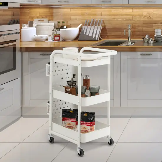 3-Tier Utility Storage Cart with DIY Pegboard Baskets and 4 Hanging Hooks for Any Room White {2}