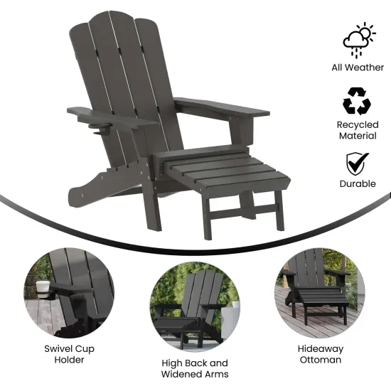 Merrick Lane Nassau Adirondack Chair with Cup Holder and Pull Out Ottoman, All-Weather HDPE Indoor/Outdoor Lounge Chair Gray {2}