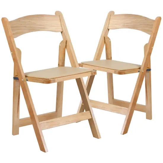 Emma and Oliver 2 Pack Wedding Party Event Wood Folding Chair with Vinyl Padded Seat Natural {1}