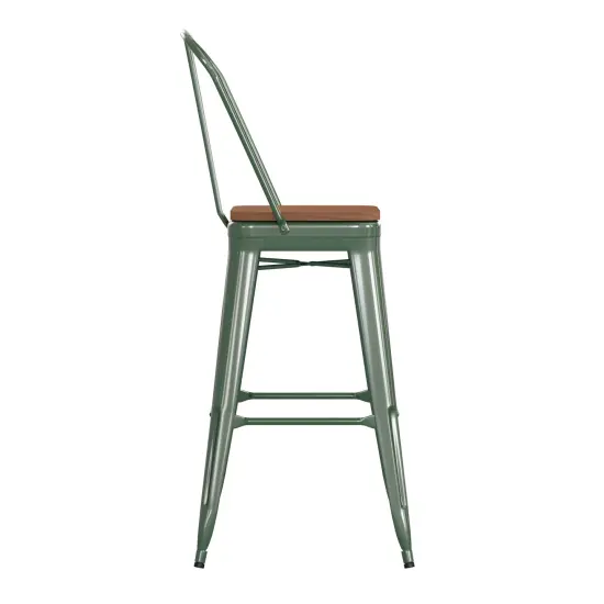 Emma and Oliver Kam Metal Indoor-Outdoor Stool with Removable Back and All-Weather Polystyrene Seat Green/Teak {5}