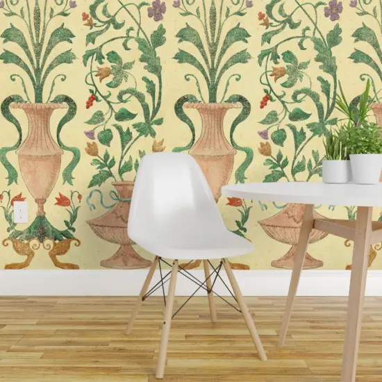 Pre-Pasted Wallpaper 2FT Wide Yellow Floral Wallpaper Home Decor Large Scale Italian Renaissance Terra Cotta Italy Villa Frescoes Vase Custom Pre-pasted Wallpaper by Spoonflower {1}