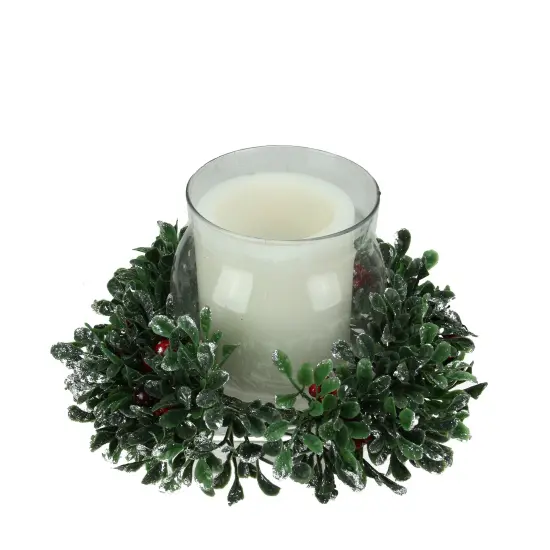 Northlight 6" Clear and Green Boxwood with Berry Tipped Christmas Hurricane Pillar Candle Holder {1}