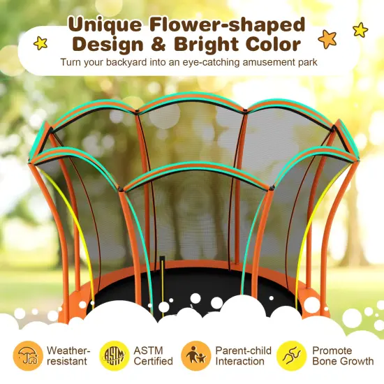 8 Feet Outdoor Unique Flower Shape Trampoline with Enclosure Net Orange {5}