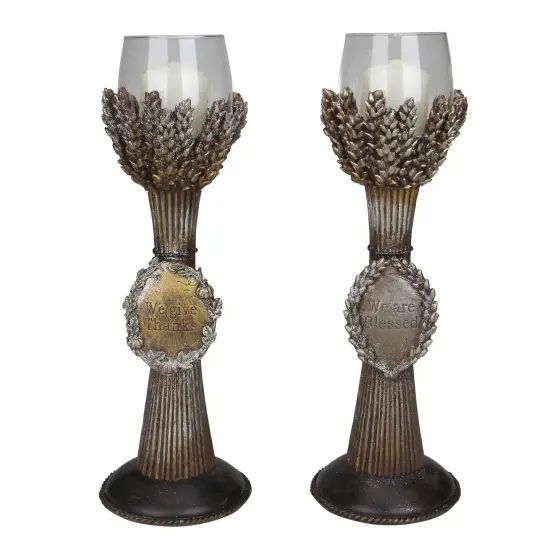 Roman Set of 2 Brown and Clear Blessed Thanksgiving Votive Candleholders 12.5" {1}