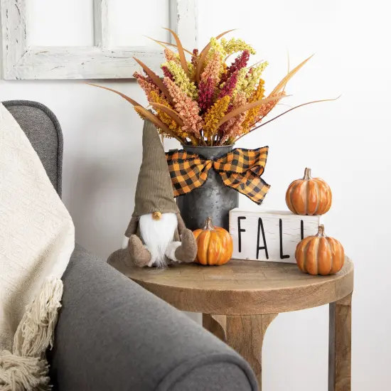 Northlight Autumn Harvest Foliage in Canister Floral Decoration with Checkered Bow - 18" Orange {3}