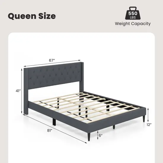 Costway Queen Size Upholstered Platform Bed with Button Tufted Wingback Headboard Blue/Grey {3}