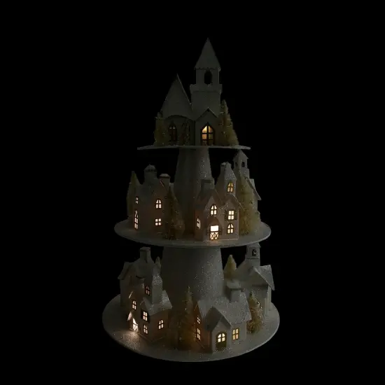 Raz Lighted 3-Tier Glitter Christmas House Display - 25" - Silver and Gold {3}