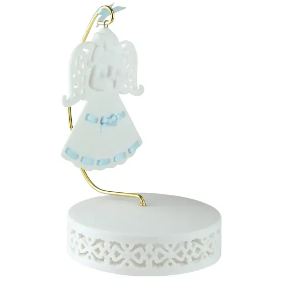 Roman Blue Ribbon Porcelain Angel Ornament With Hanger and Base #46721B White {3}